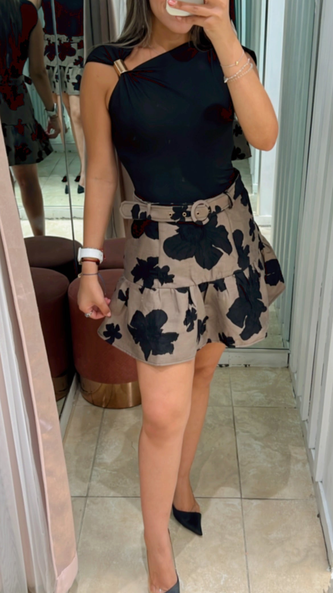 Asymmetrical Shoulder Ruched Top With Gold Trim Top