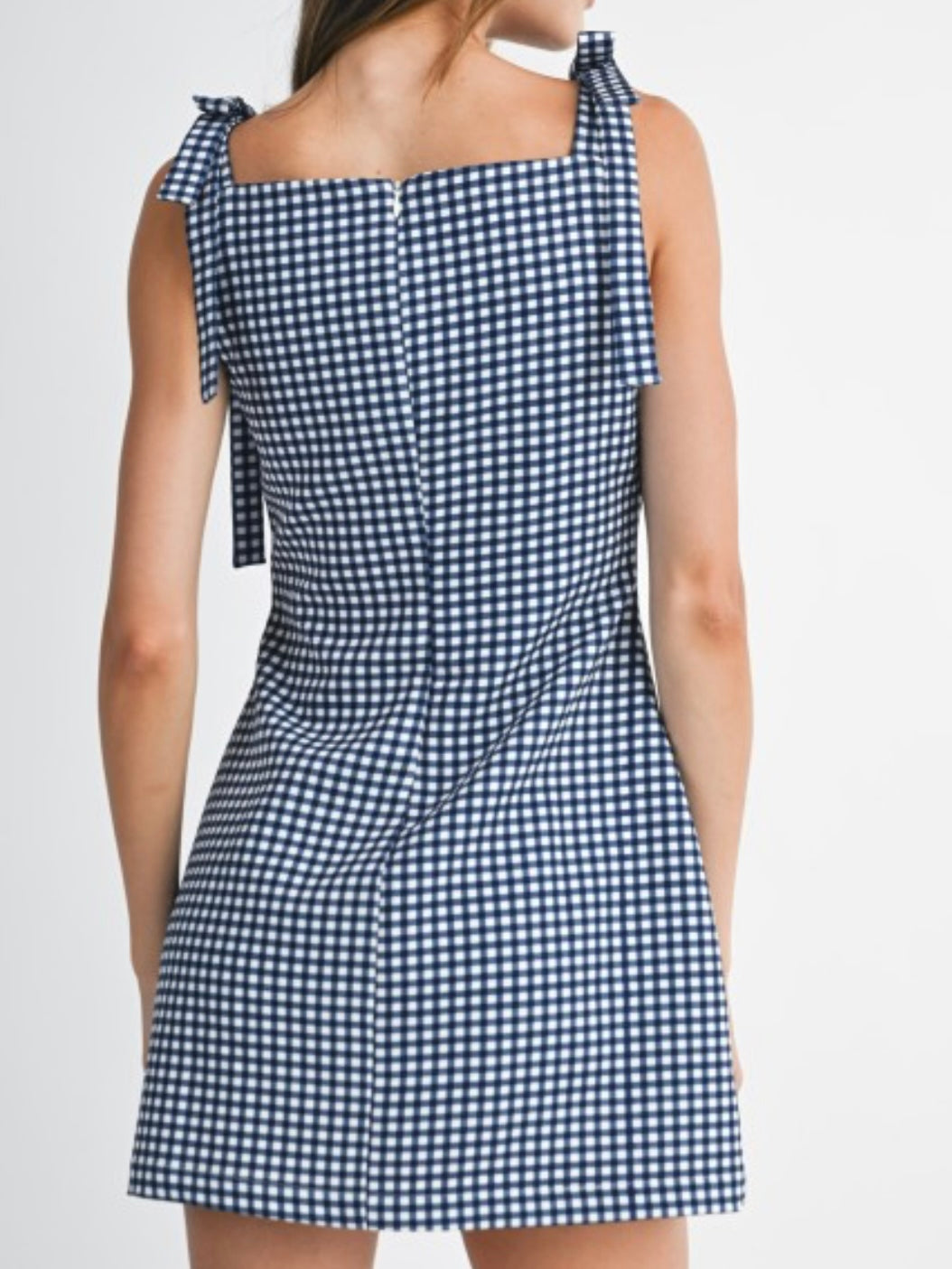 Gingham Sleeveless Short Dress With Shoulder Bow Detail