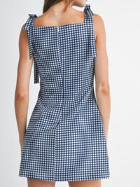 Gingham Sleeveless Short Dress With Shoulder Bow Detail