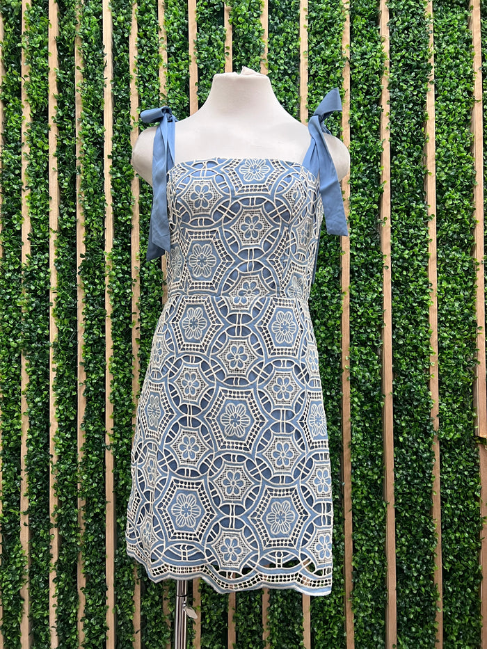 Blue Ivory Embroidered Scallop Hem Short Dress