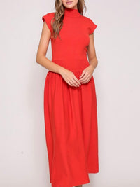 Red High Neck Knitted A Line Midi Dress
