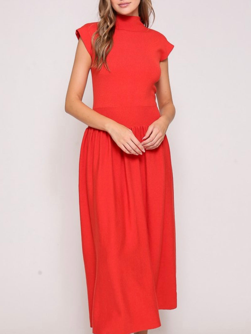 Red High Neck Knitted A Line Midi Dress