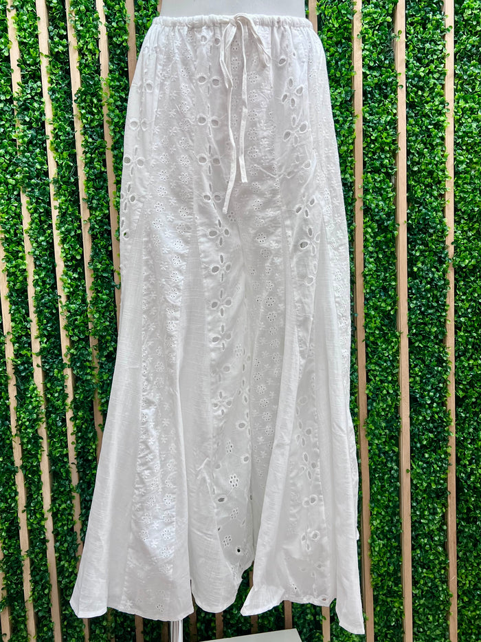 White Eyelet Mixed Tiered Wide Leg Pant