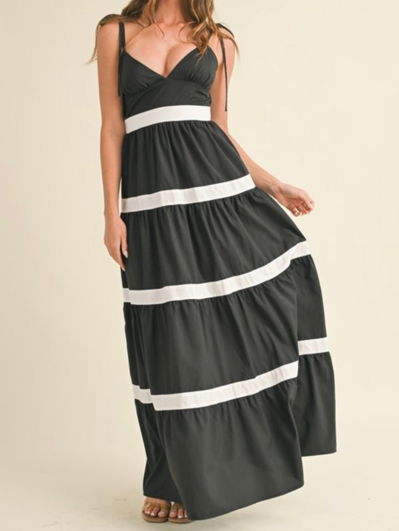 Stripe Detail Black Flow Maxi Dress