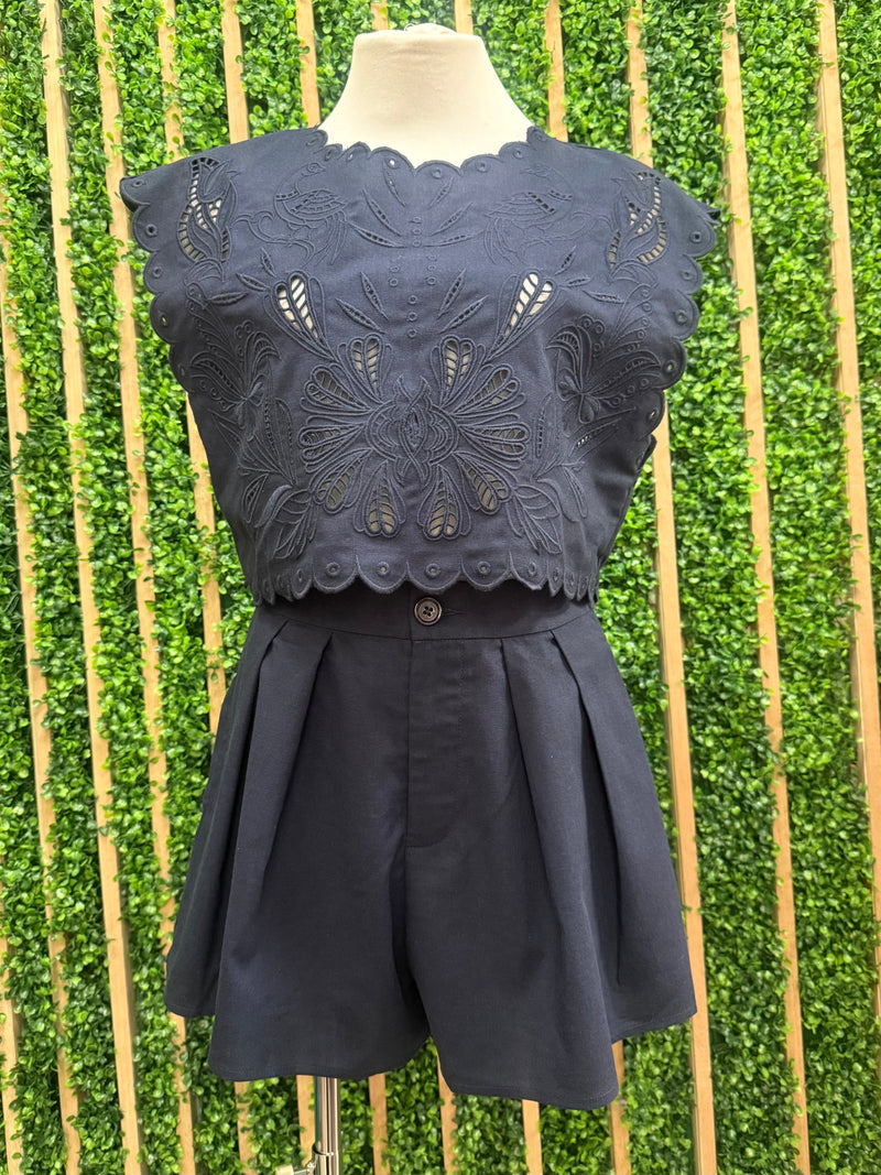 Navy Embroidered Short Pant Set