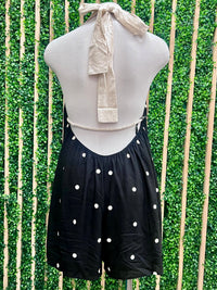 Black Natural Dots Capri Bow Back Romper