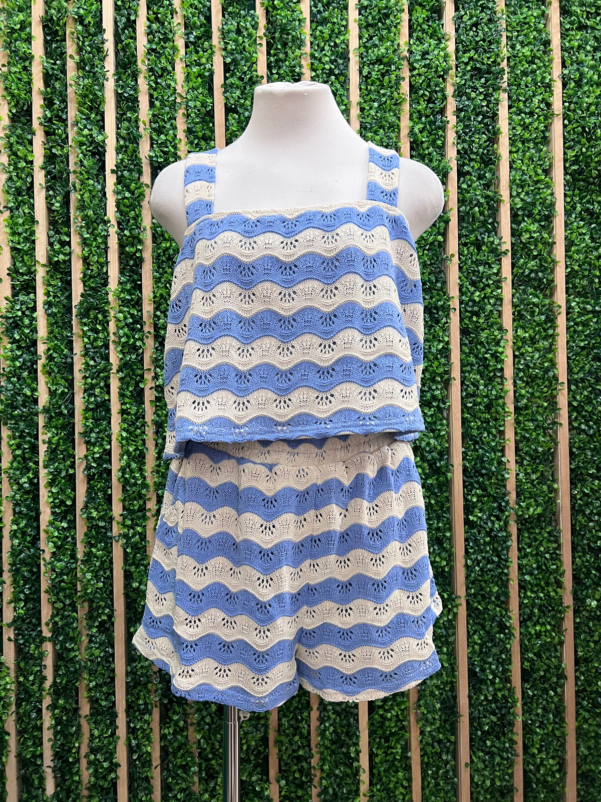 Blue & Ivory Crochet Knit Tank and Shorts Set