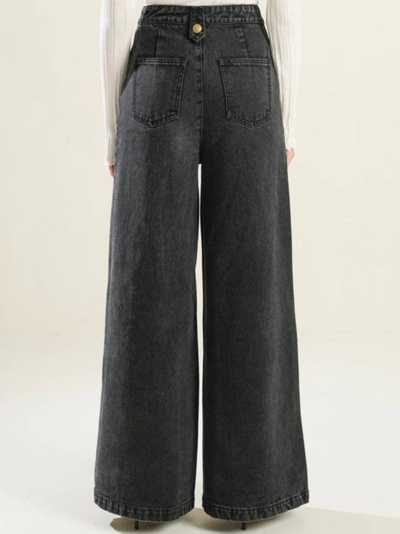 Button Detail Wide LEg Denim Pants