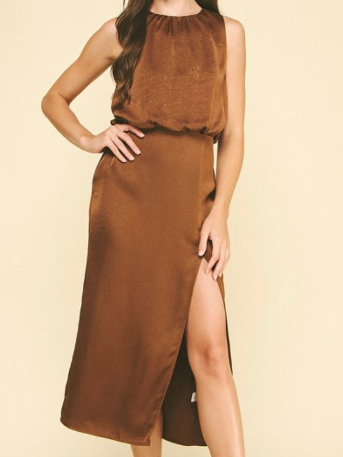 Mocha Silky Side Slit Midi Dress