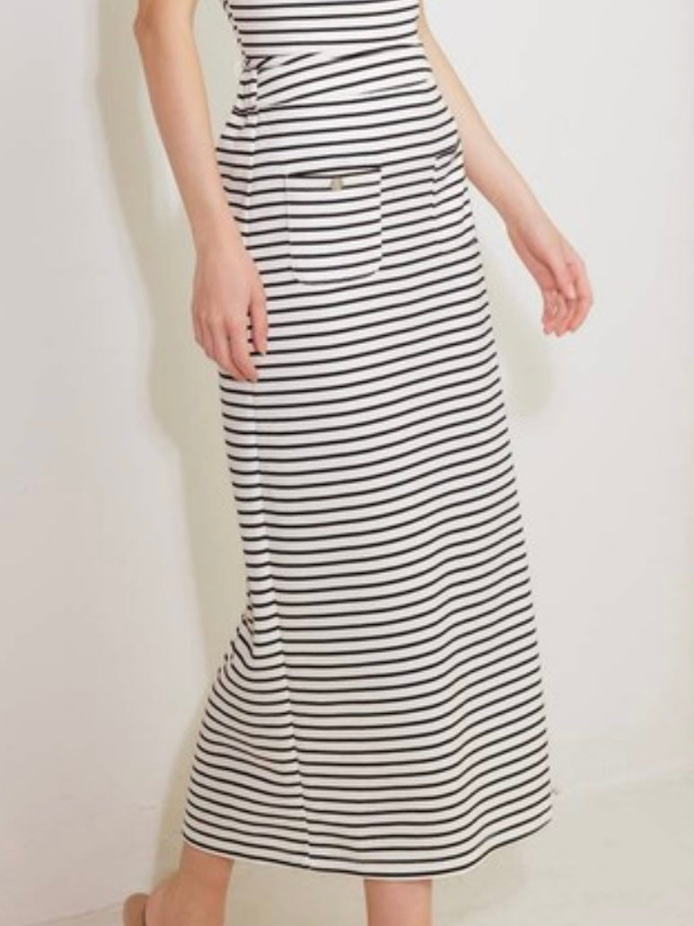 Ivory Black Striped Midi Skirt