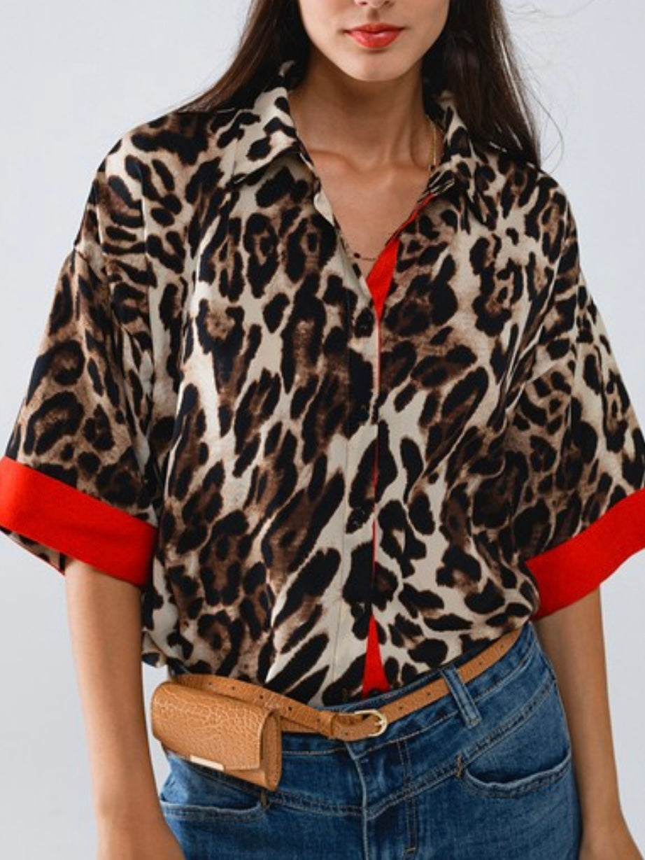 Brown Leopard Red Trim Blouse