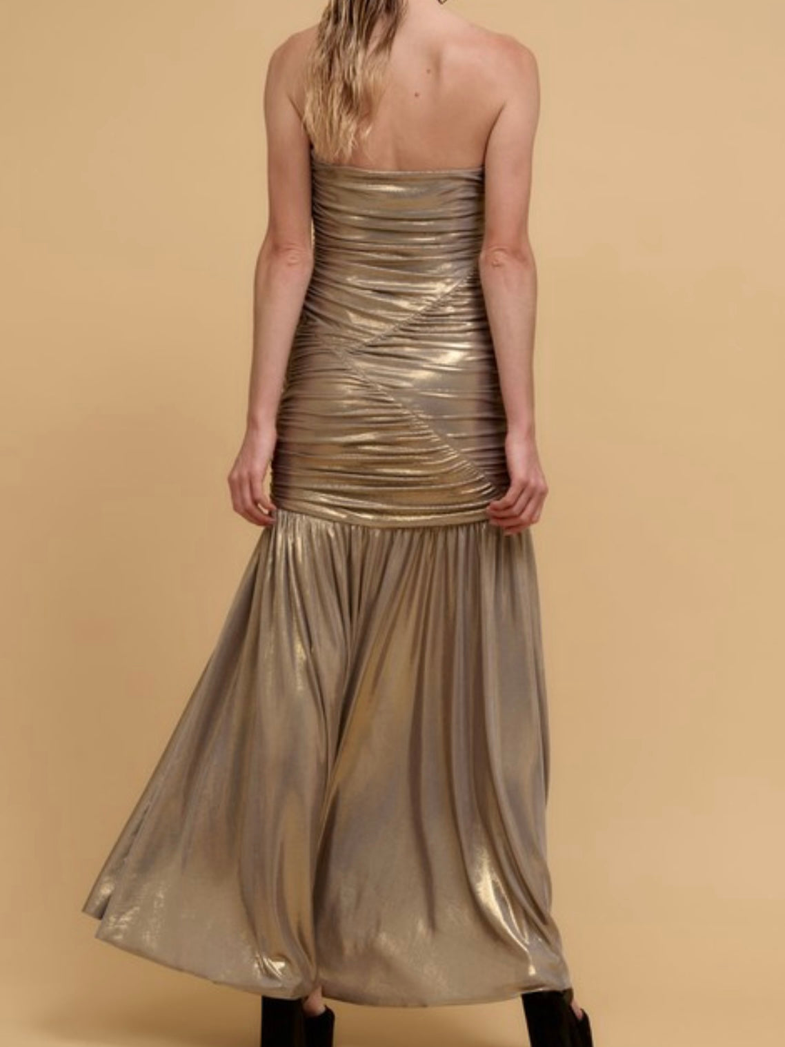 Gold Metallic Strapless Drop Waist Maxi Dress