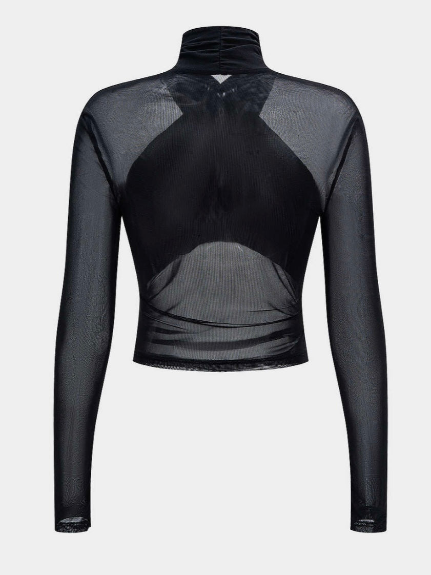 Black Sheer Mesh Cross-Front Long Sleeve Top