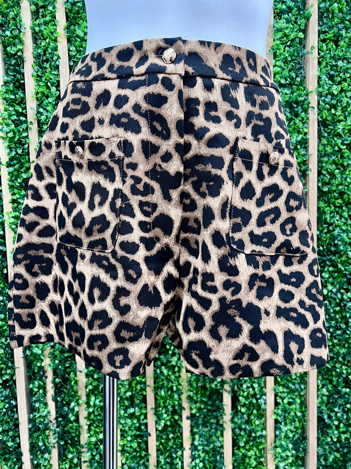 Brown Animal Print Patched Pocket Shorts