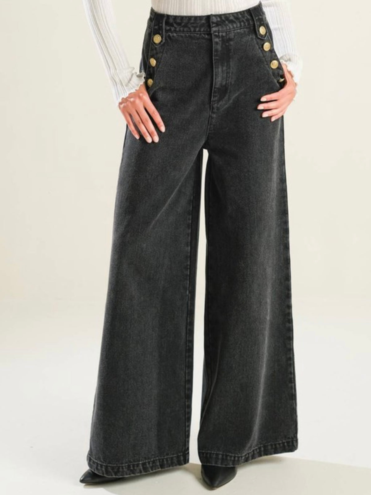 Button Detail Wide LEg Denim Pants