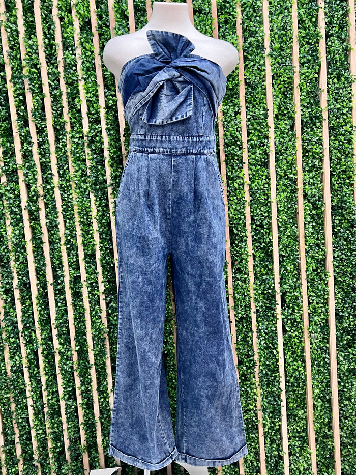 Bow Twisted Denim Jumpsuit