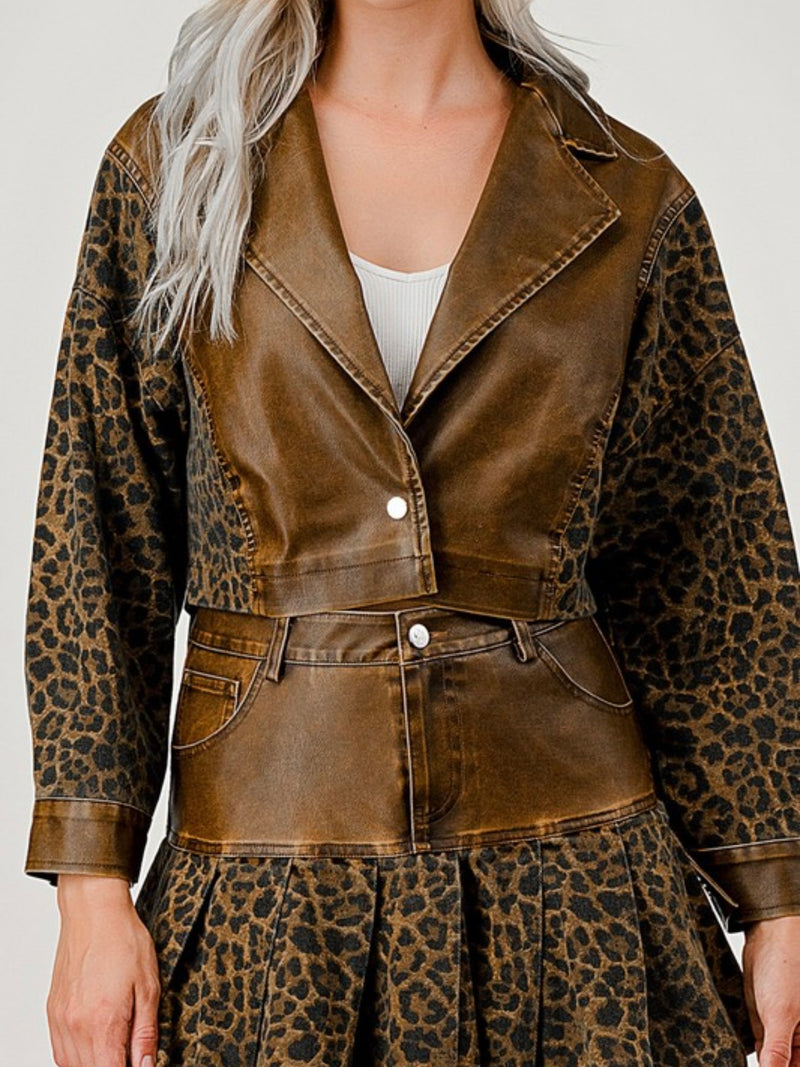 Pleather Detail Leopard Skirt