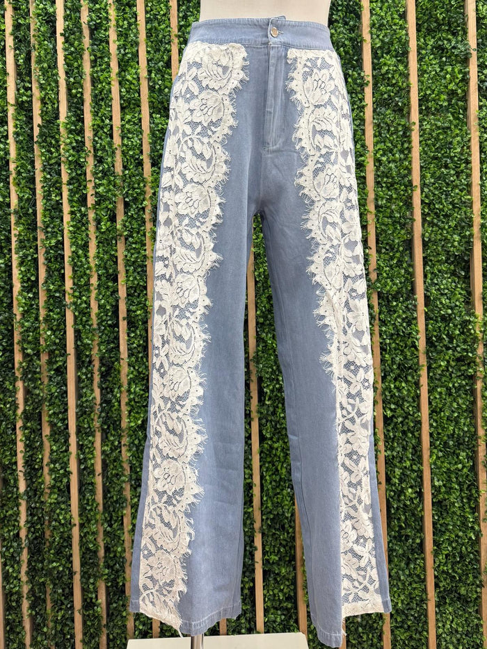 Front Lace Trim Wide Leg Denim