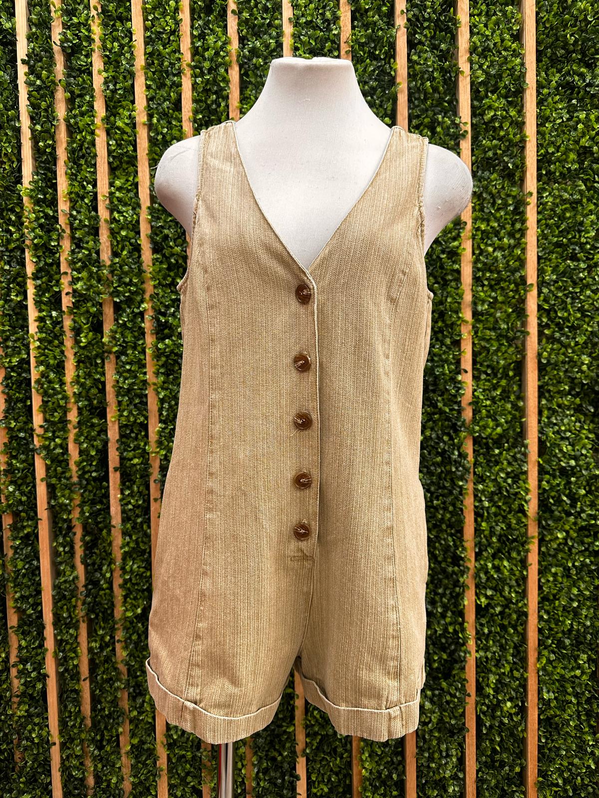 Faded Olive Button Down V Neck Romper