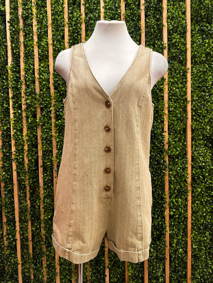 Faded Olive Button Down V Neck Romper