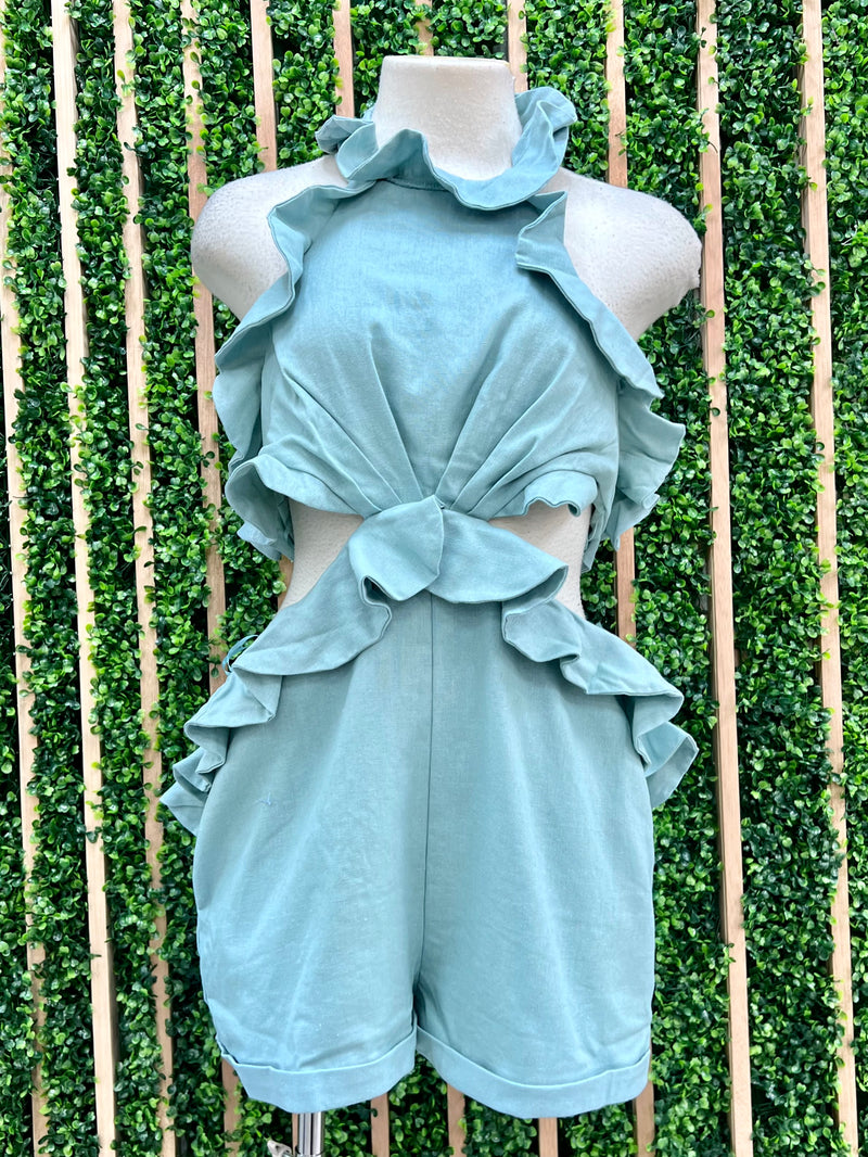 Ruffled Cutout Linen Romper