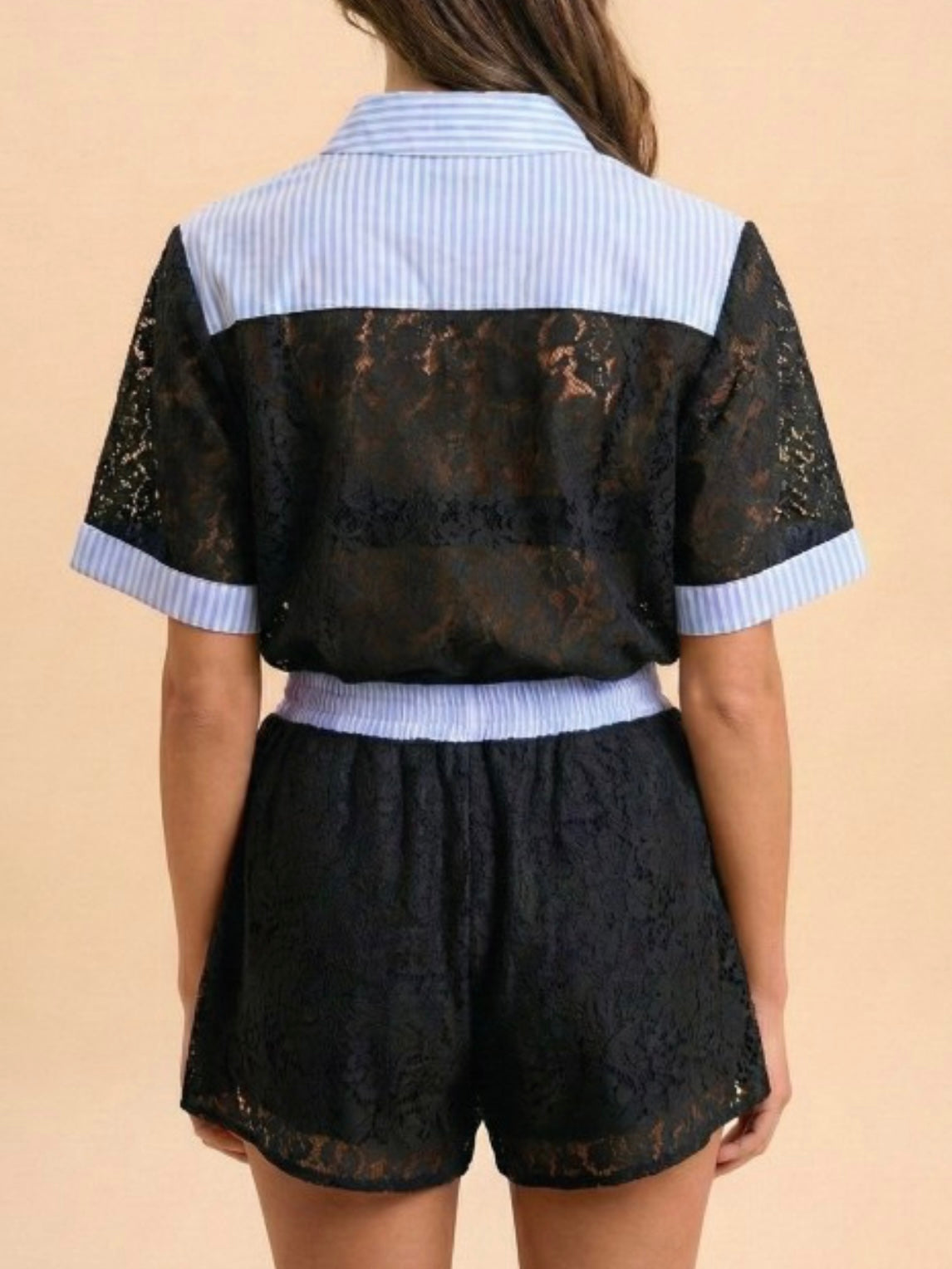 Black Lace Blue Stripe Trim Short Pant Set