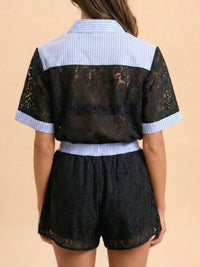 Black Lace Blue Stripe Trim Short Pant Set
