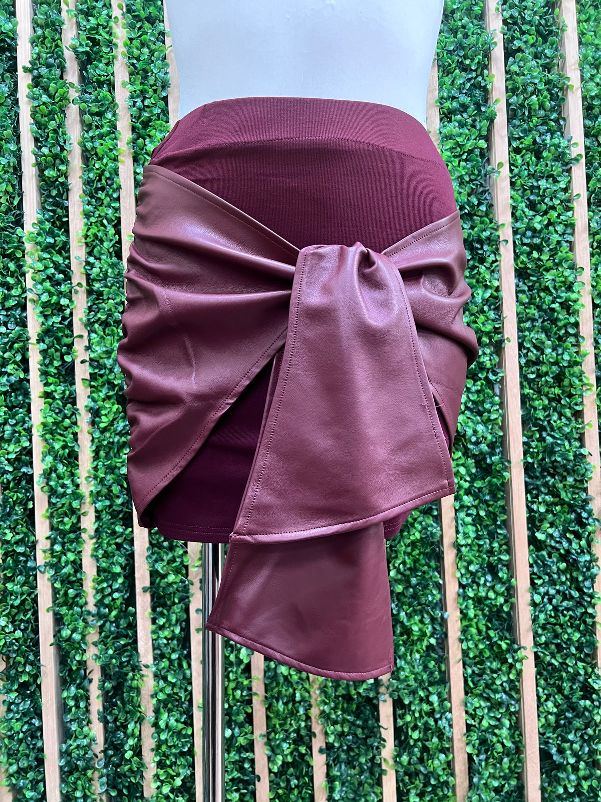 Burgundy Faux Leather Tie-Front Mini Skirt