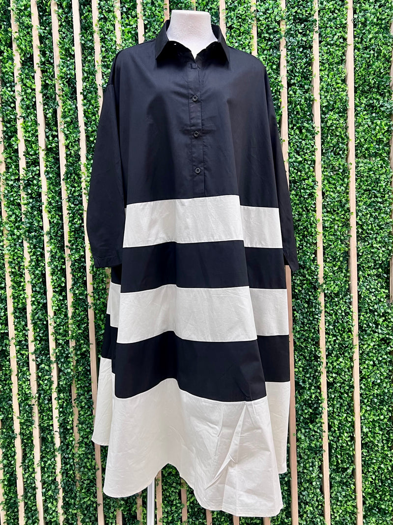 Beautiful Black White Block Blouse Midi Dress