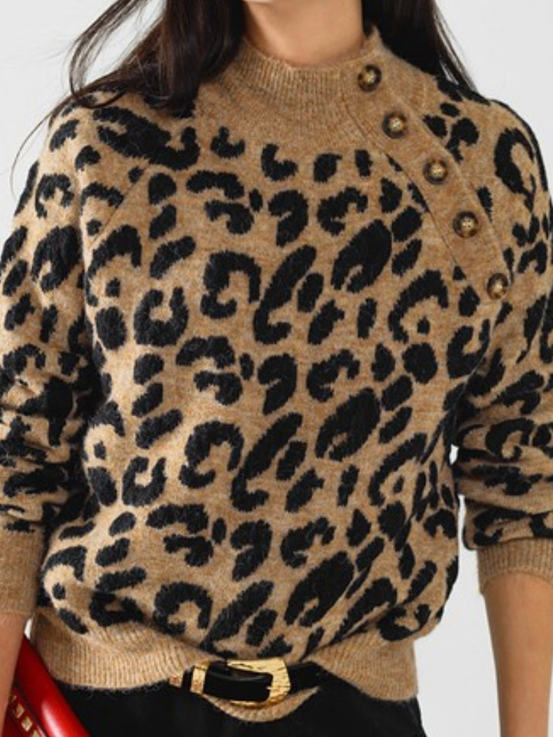 High Neck Button Detail Leopard Sweater