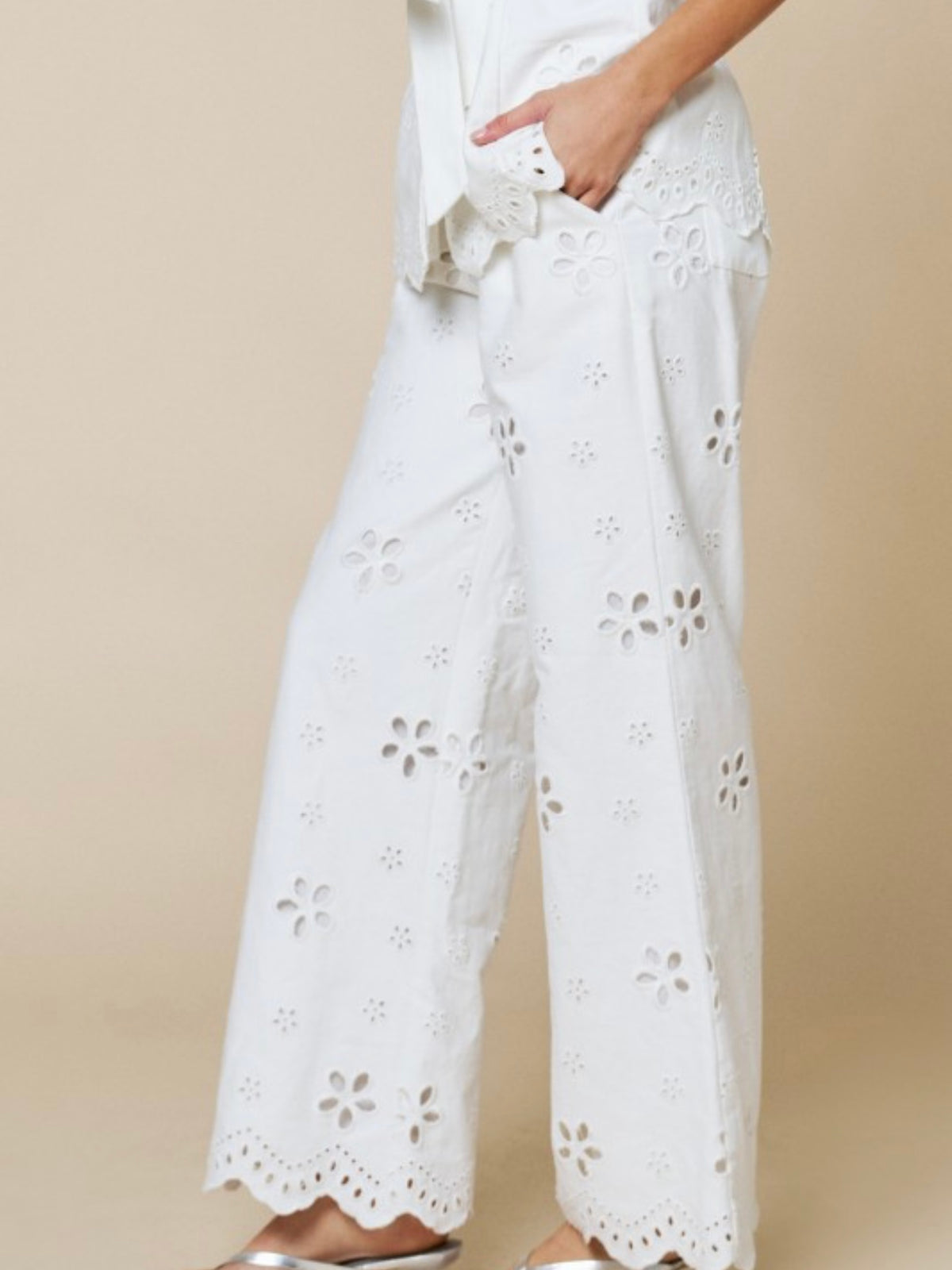 Elegant White Eyelet Wide Leg Pants