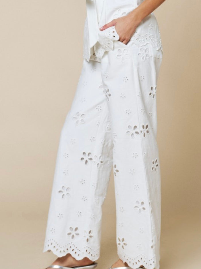 Elegant White Eyelet Wide Leg Pants