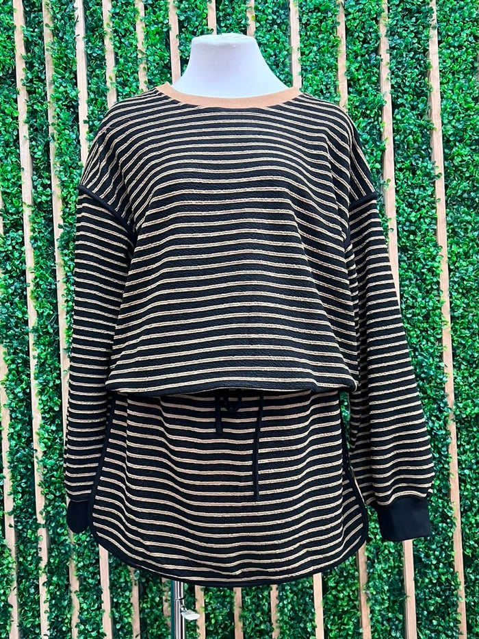 Black Mustard Striped Sweatshirt & Shorts Set