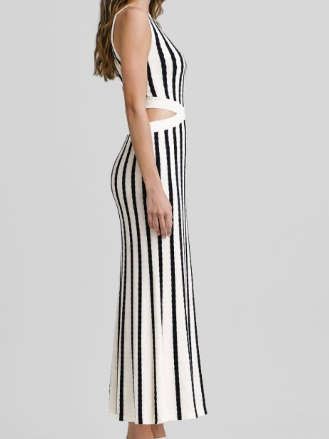 Black & Ivory Striped Cutout Knit Maxi Dress