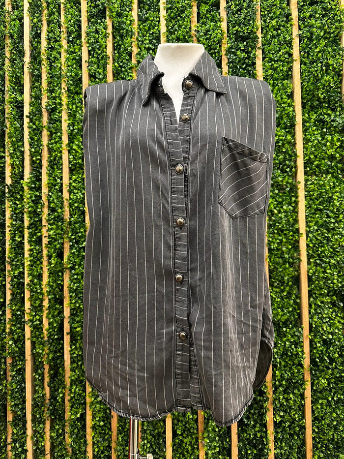 Stripe Muscle Sleeve Denim blouse