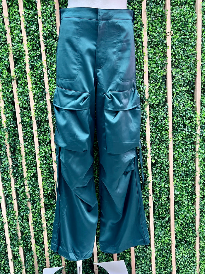 Hunter Green Satin Finish High Rise Wide Cargo Pant