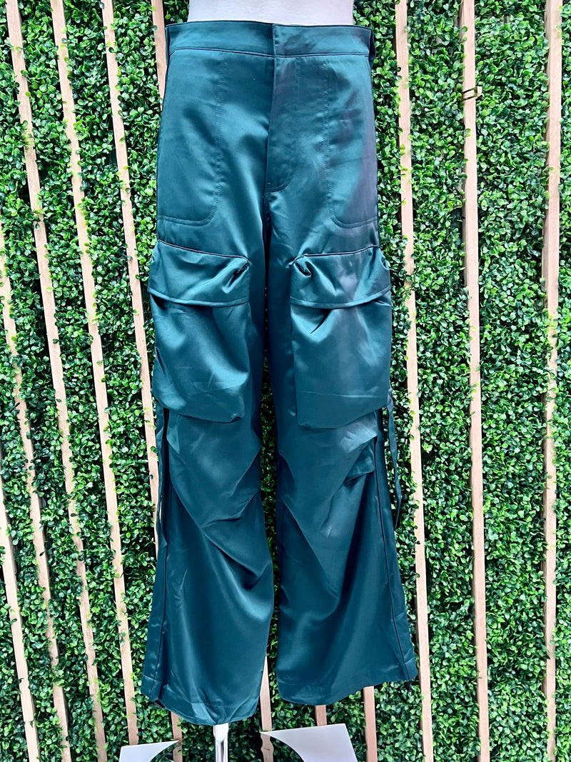 Hunter Green Satin Finish High Rise Wide Cargo Pant