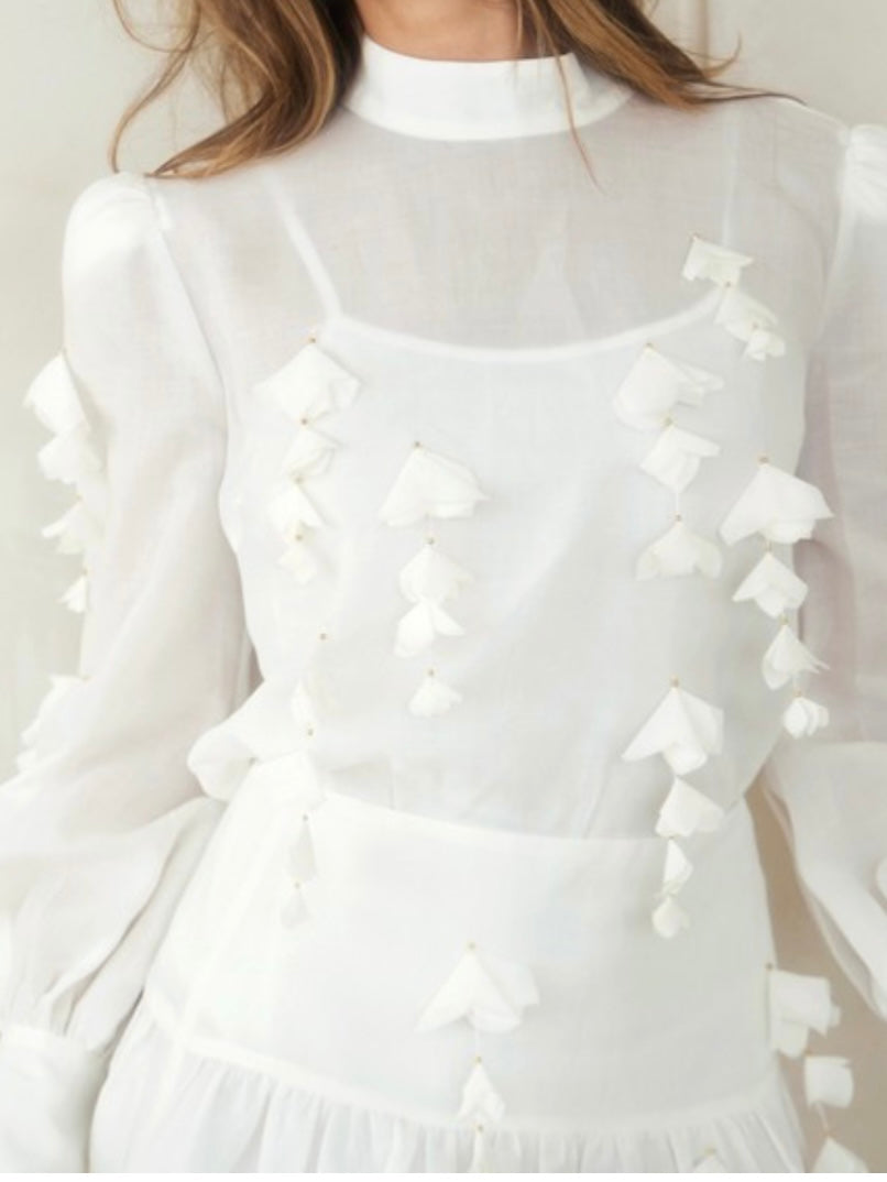 Beautiful Off White Floral Trim Mock Neck Blouse