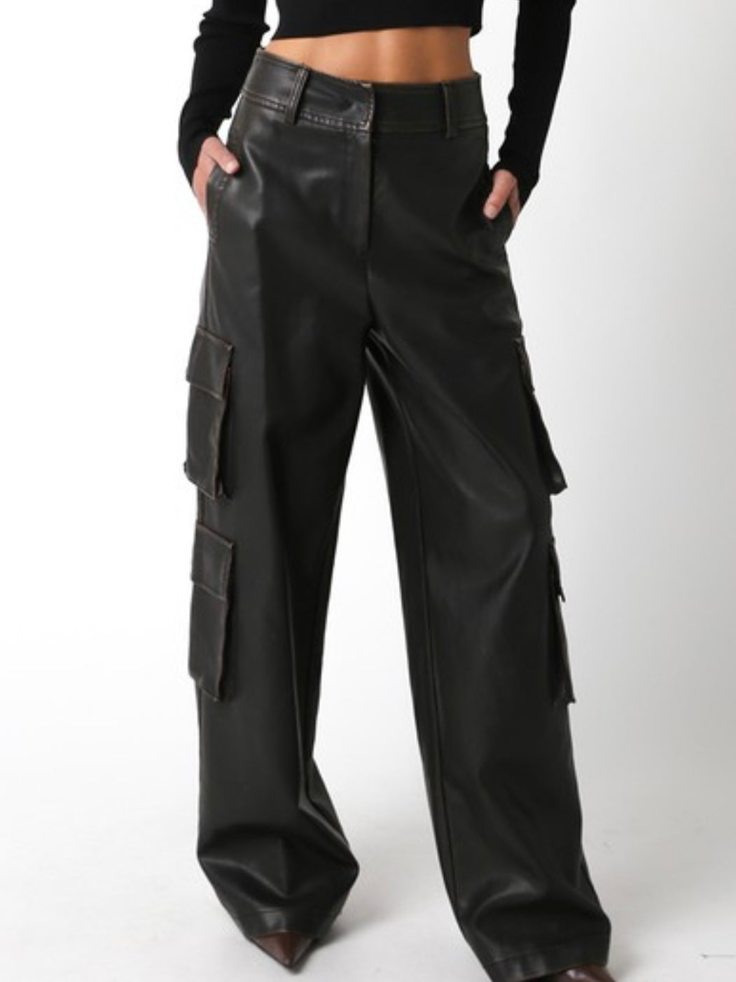 Black Brown Pleather High Waist Cargo Pants