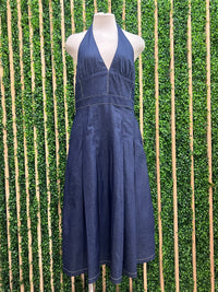 Halter Neck Contrast Stitch Denim Midi Dress