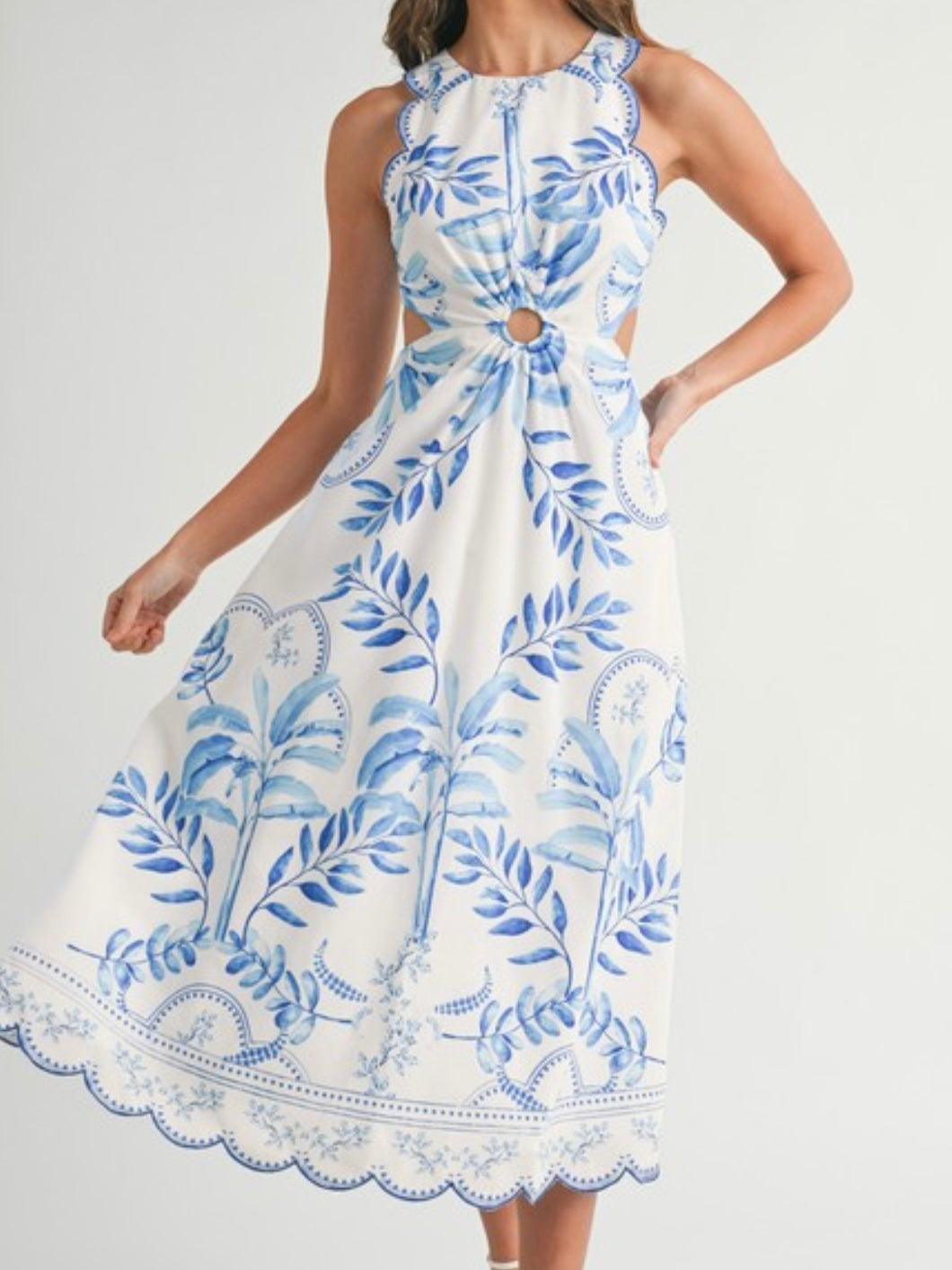 Beautiful Blue Print Scallop Hem Midi Dress