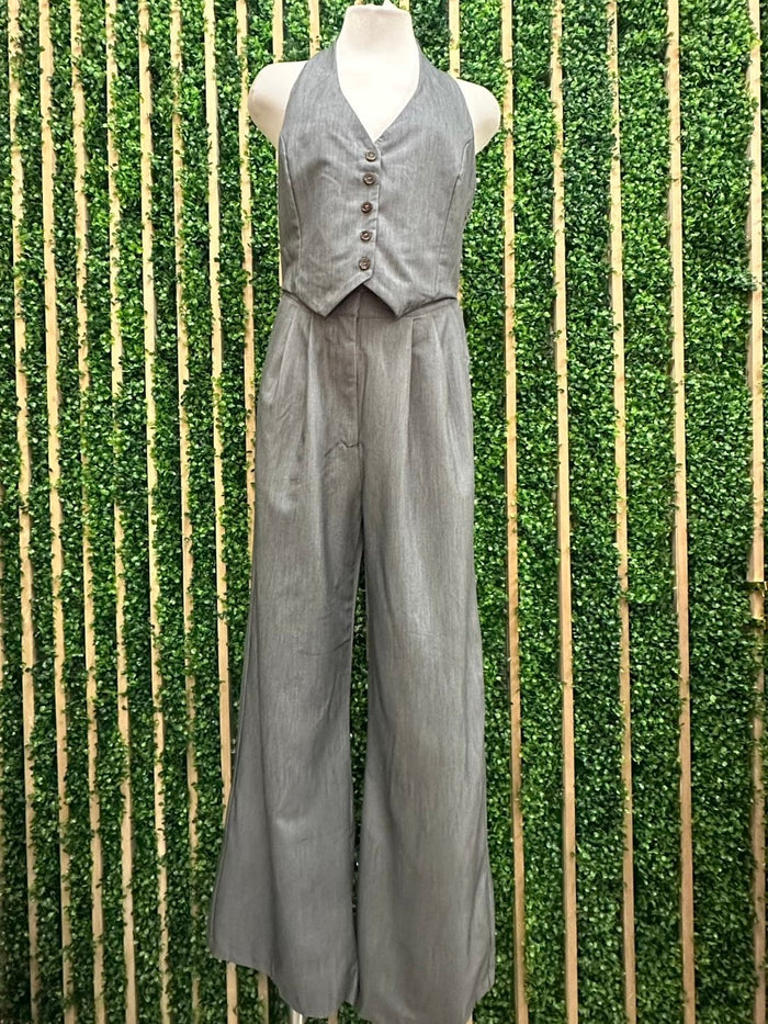 Charcoal Tailored Halter Vest Jumpsuit