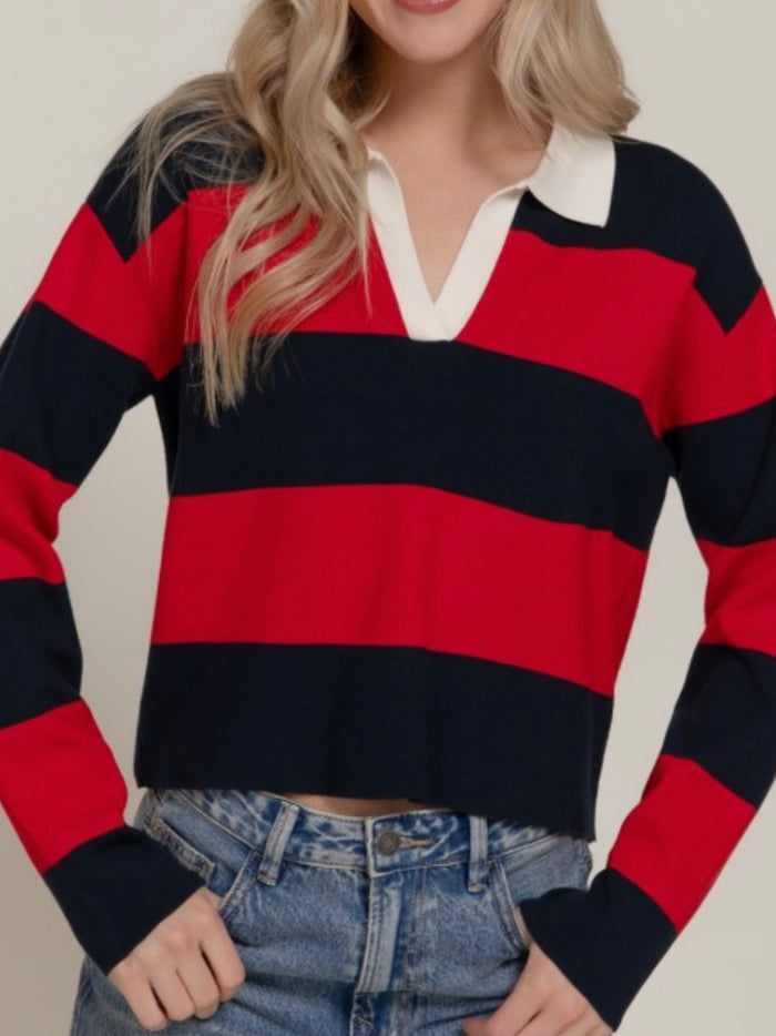 Striped Rugby Collar Long Sleeve Knit Top