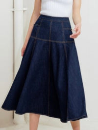 Buckle Detail Fitted Dark Denim Midi Skirt