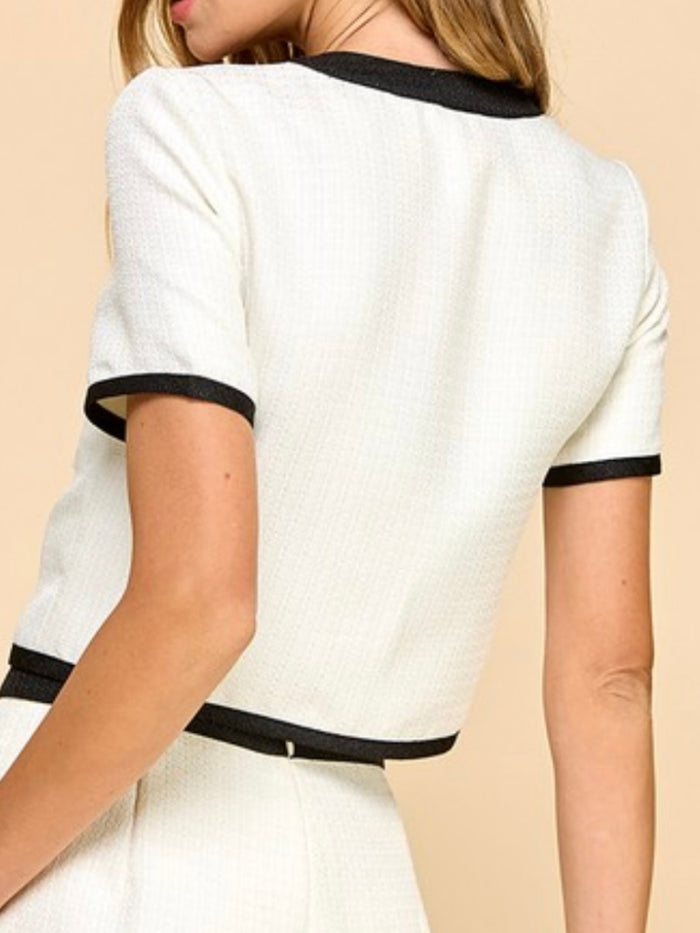 White Black Trim Short Sleeve Tweed Jacket