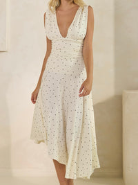 Beautiful Cream V Neck Dots Asymmetric Midi Dress