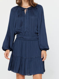 Navy Stud Trim Split Neck Short Dress