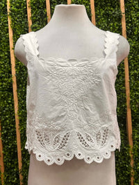 Beautiful Off White Square Neck Embroidered Scalloped Crop Top