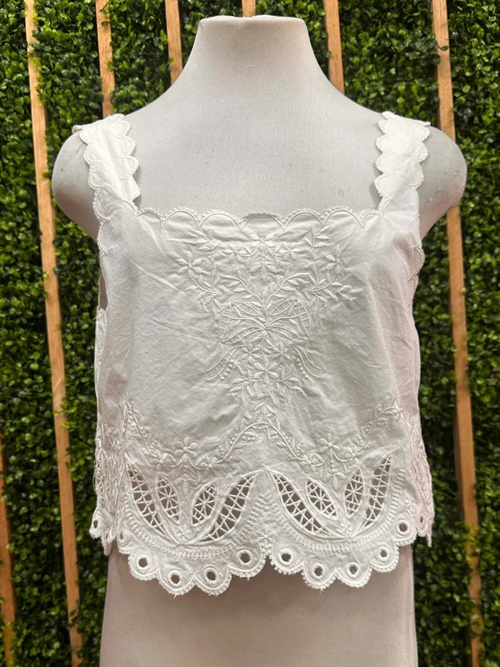Beautiful Off White Square Neck Embroidered Scalloped Crop Top