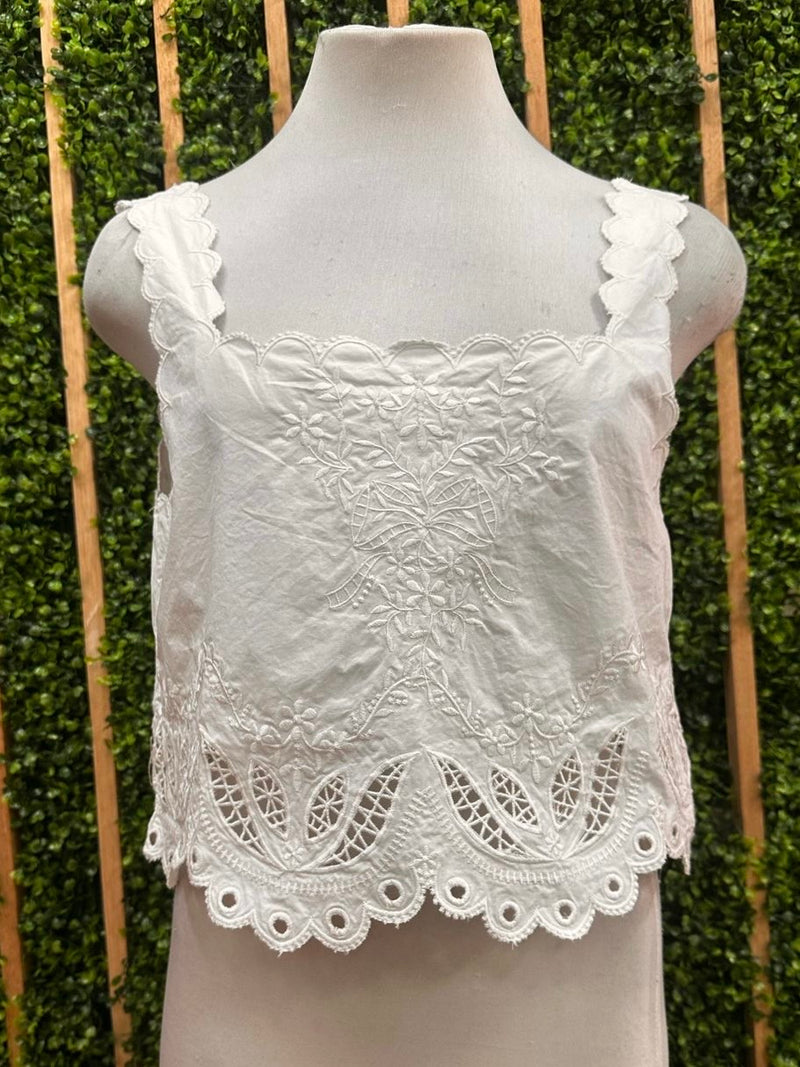 Beautiful Off White Square Neck Embroidered Scalloped Crop Top